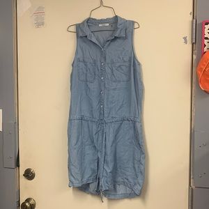 Small denim romper with synched waistband
